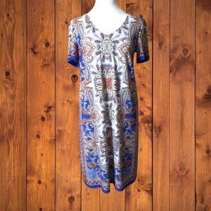 LONDON TIMES WOMEN'S SIZE 6 SHORT SLEEVE PAISLEY BOHO DRESS PULLOVER V-NECK